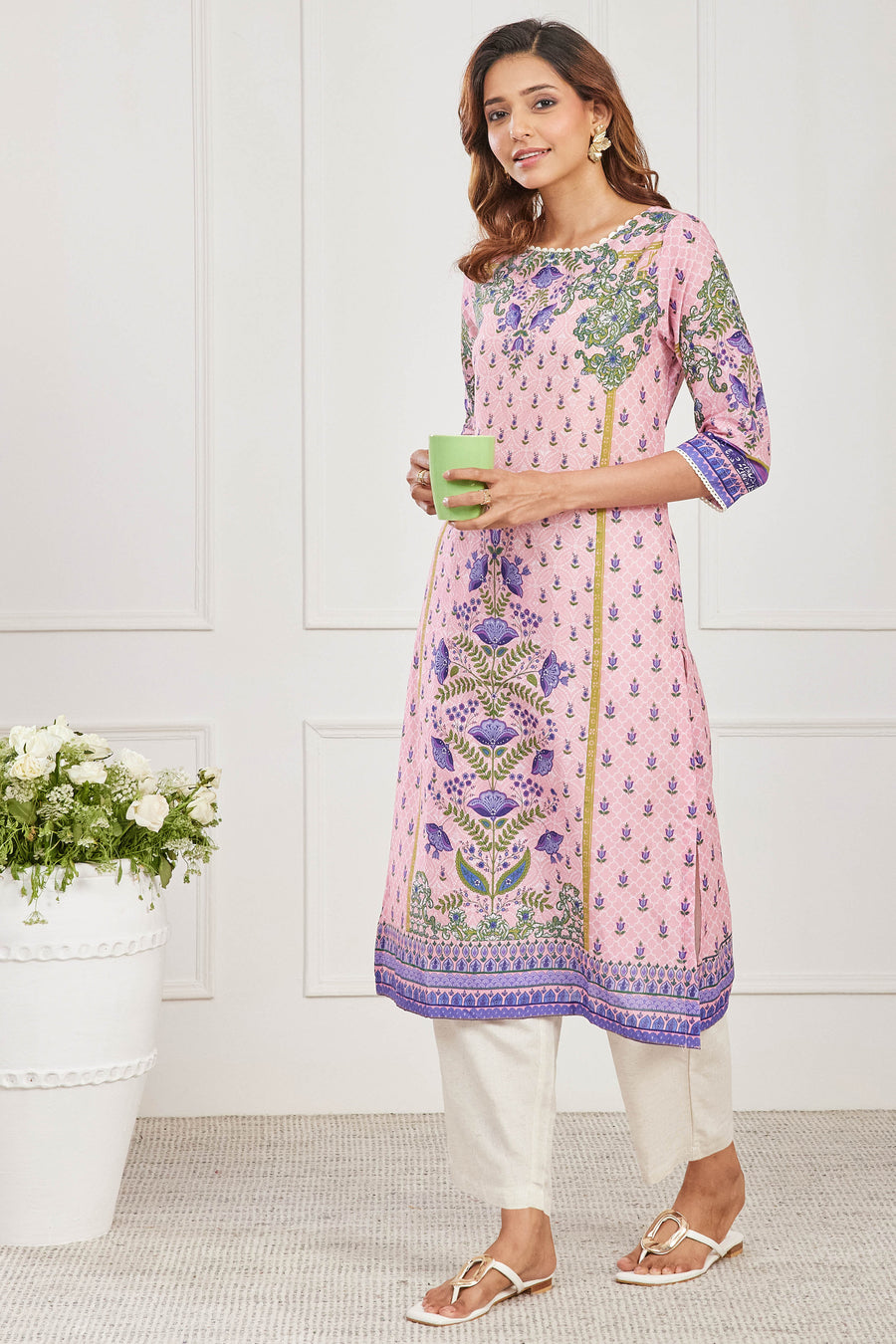 Pink Cotton Printed Straight Kurta