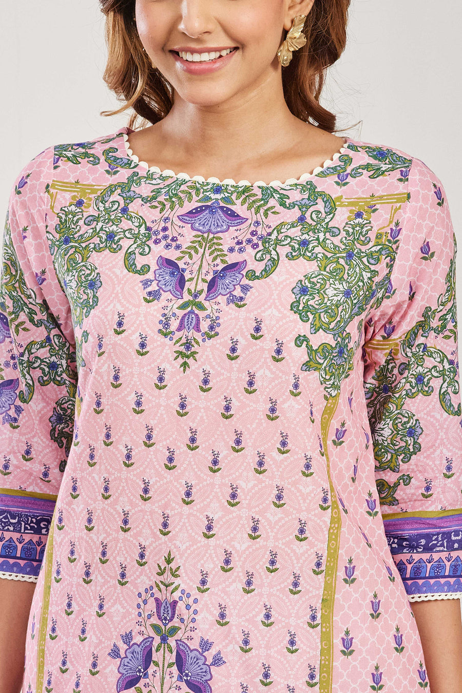 Pink Cotton Printed Straight Kurta - image 2