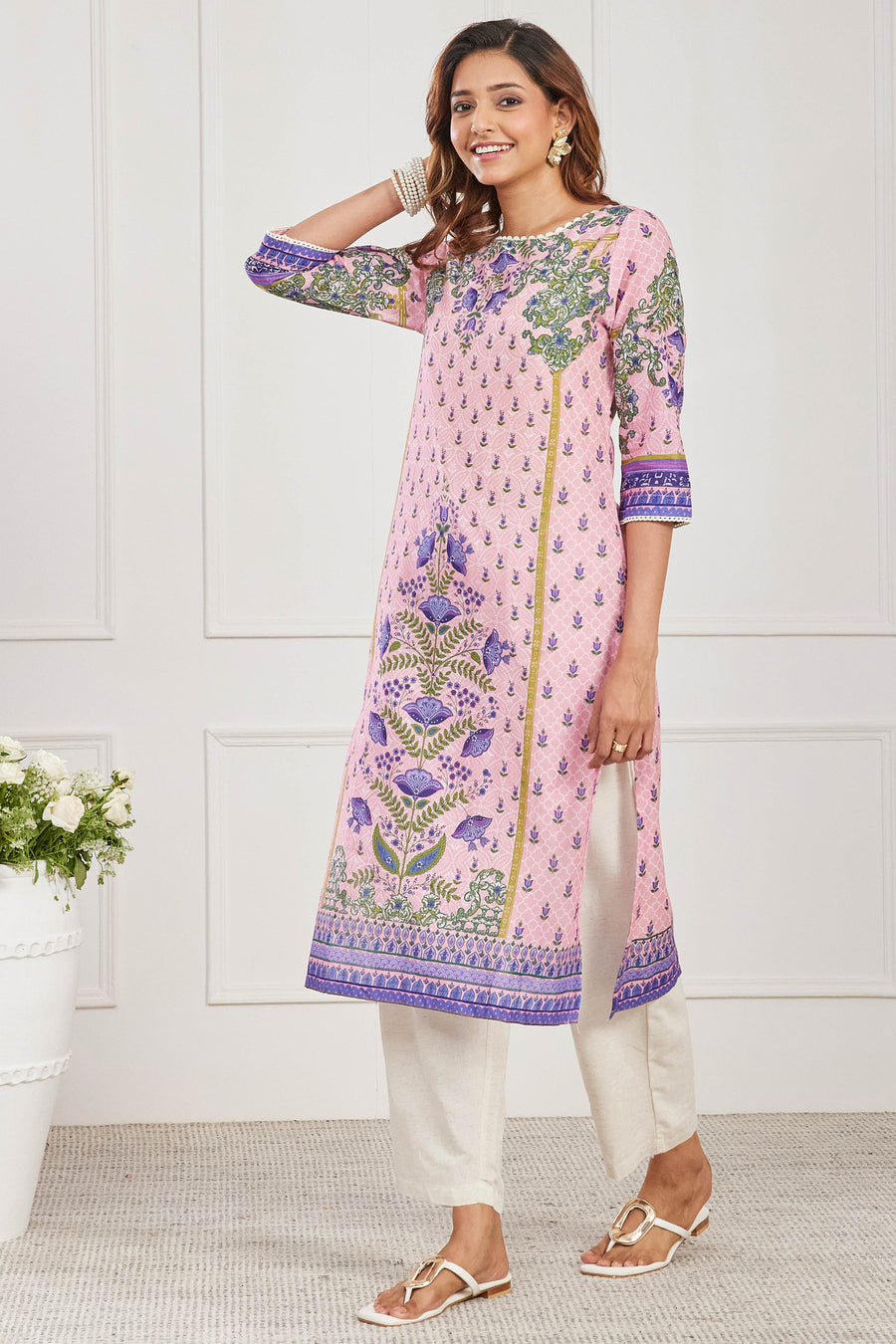 Pink Cotton Printed Straight Kurta - image 3