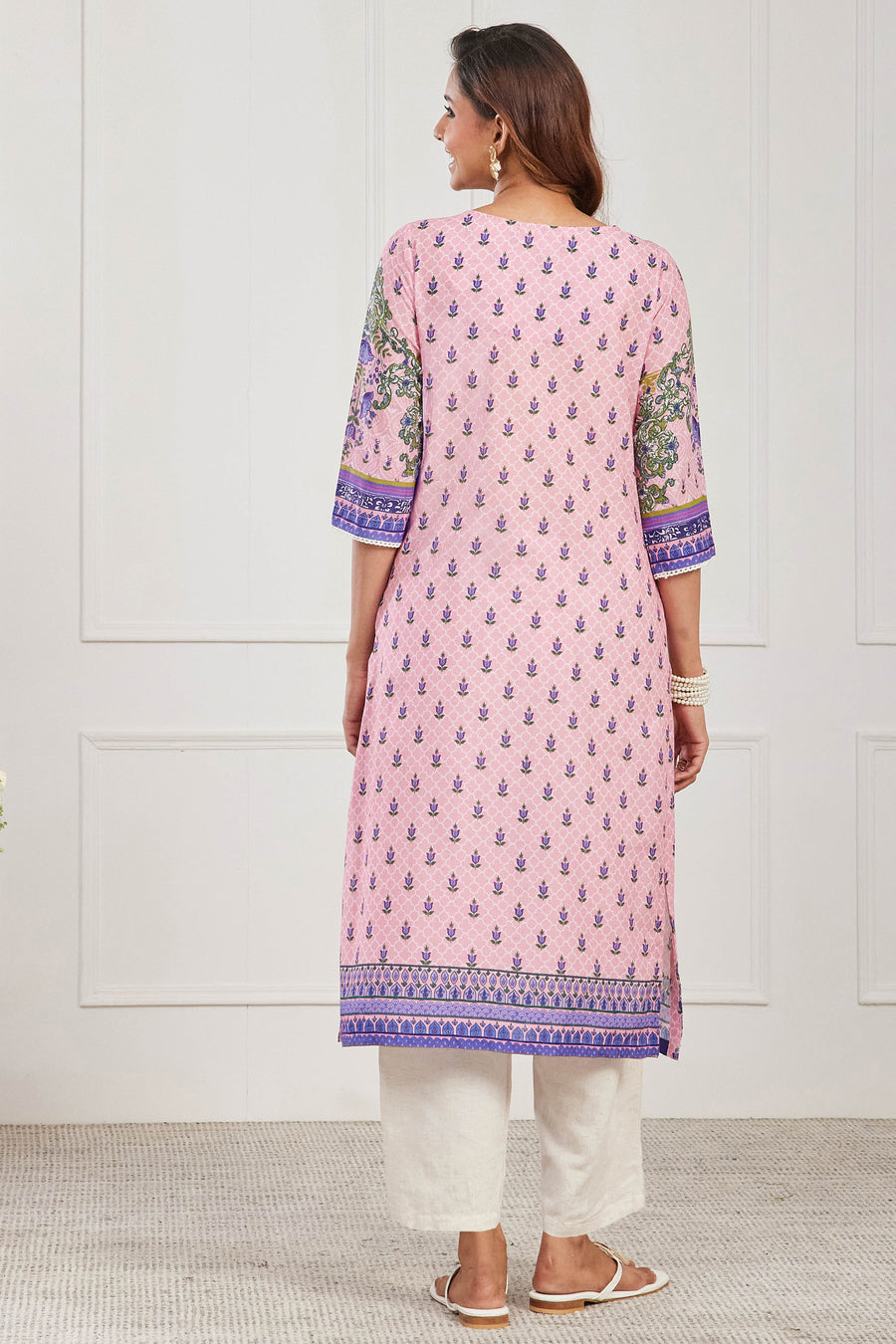 Pink Cotton Printed Straight Kurta - image 4