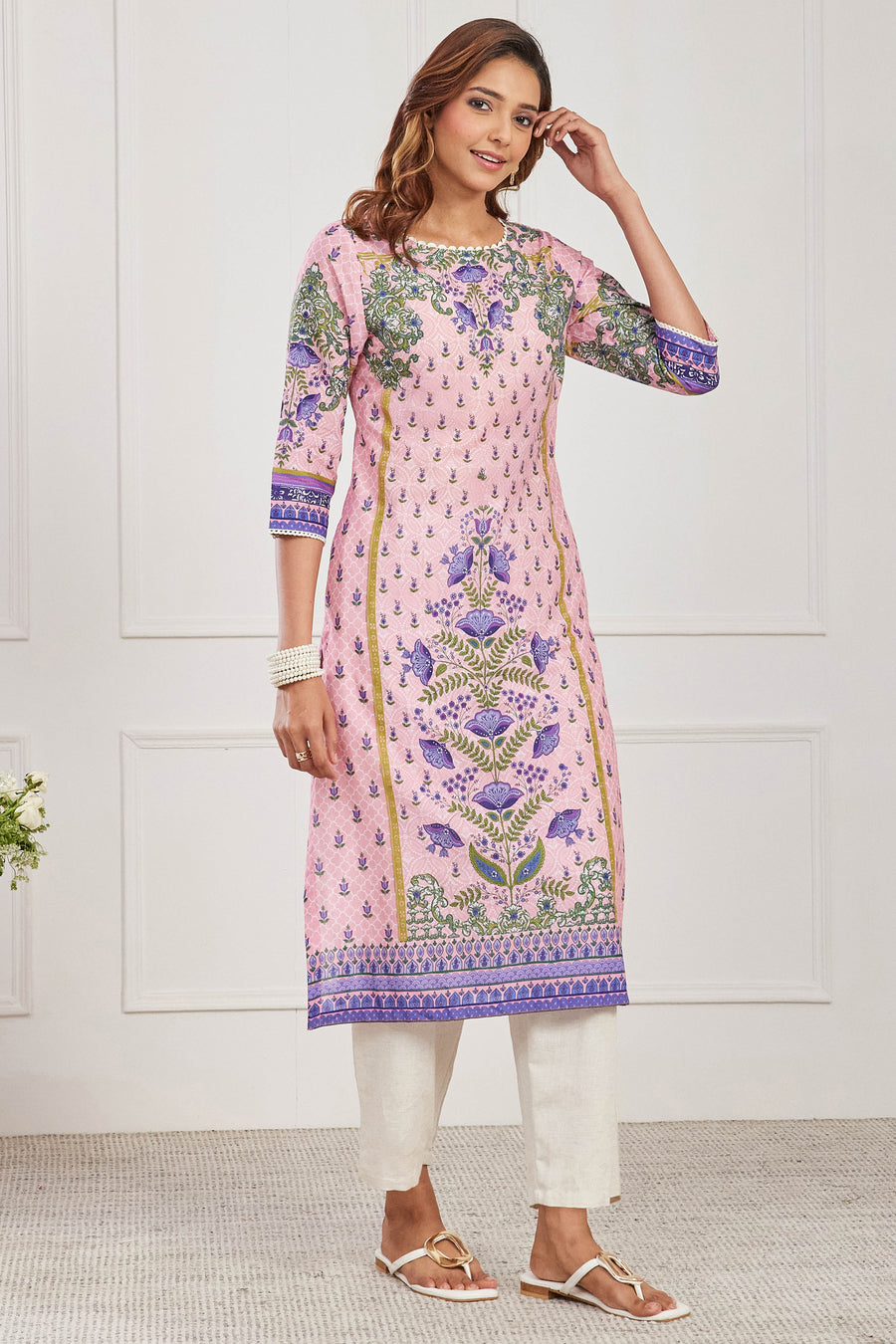 Pink Cotton Printed Straight Kurta - image 5