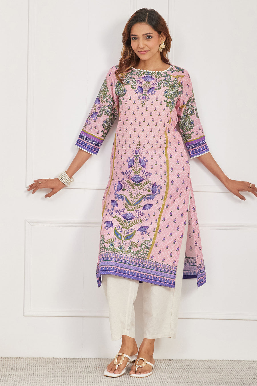 Pink Cotton Printed Straight Kurta - image 6
