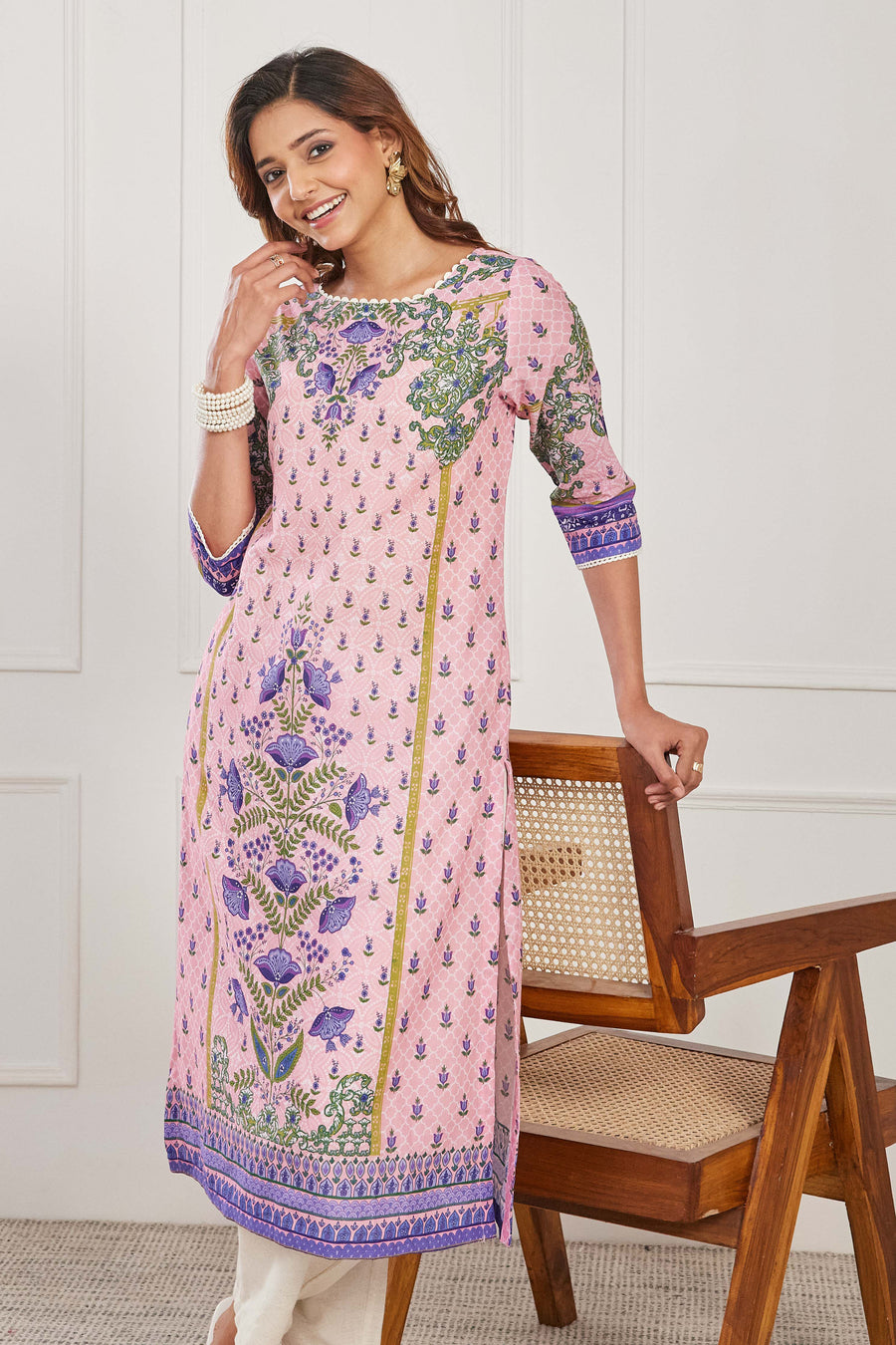 Pink Cotton Printed Straight Kurta - image 7