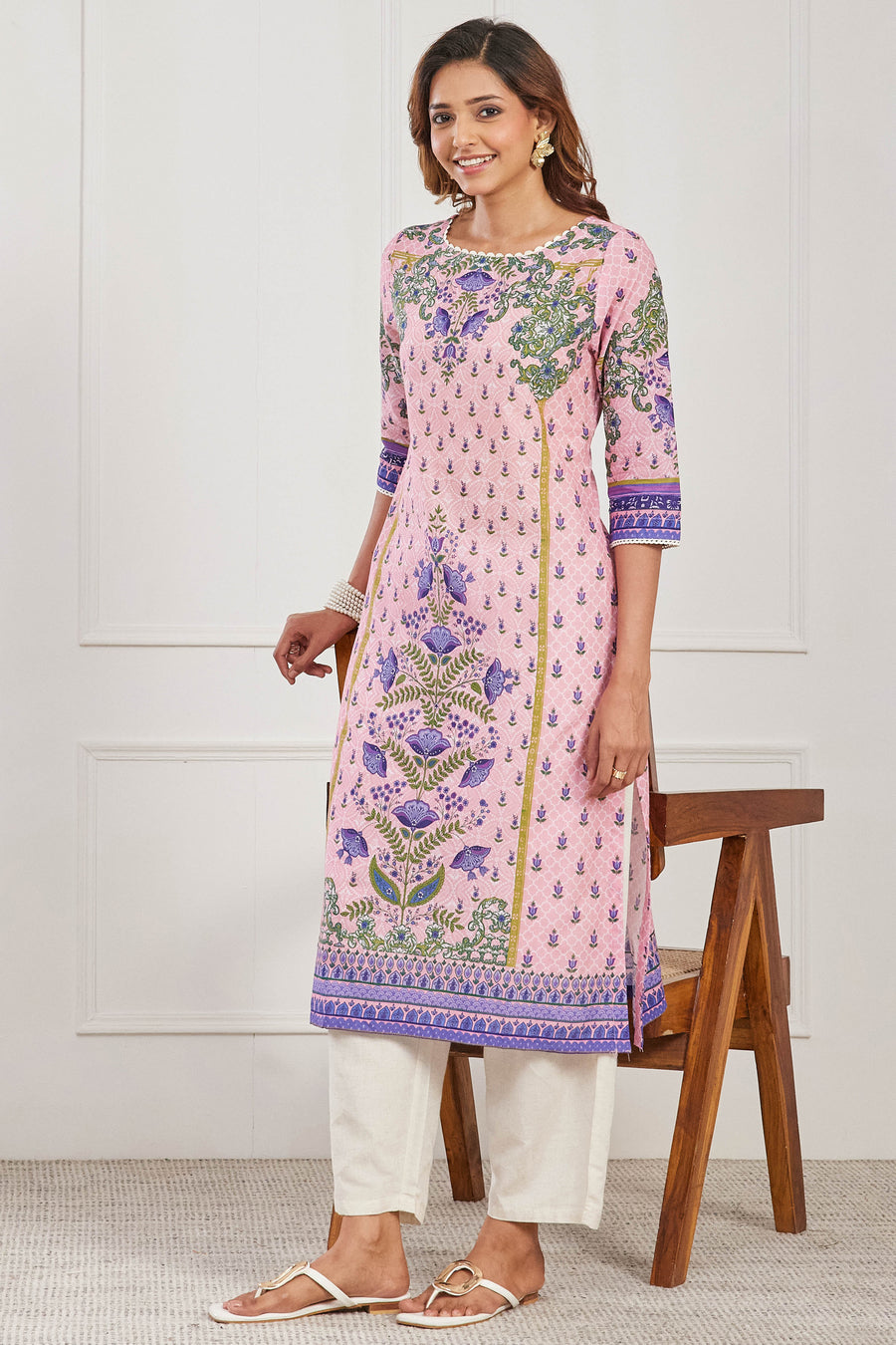 Pink Cotton Printed Straight Kurta - image 8