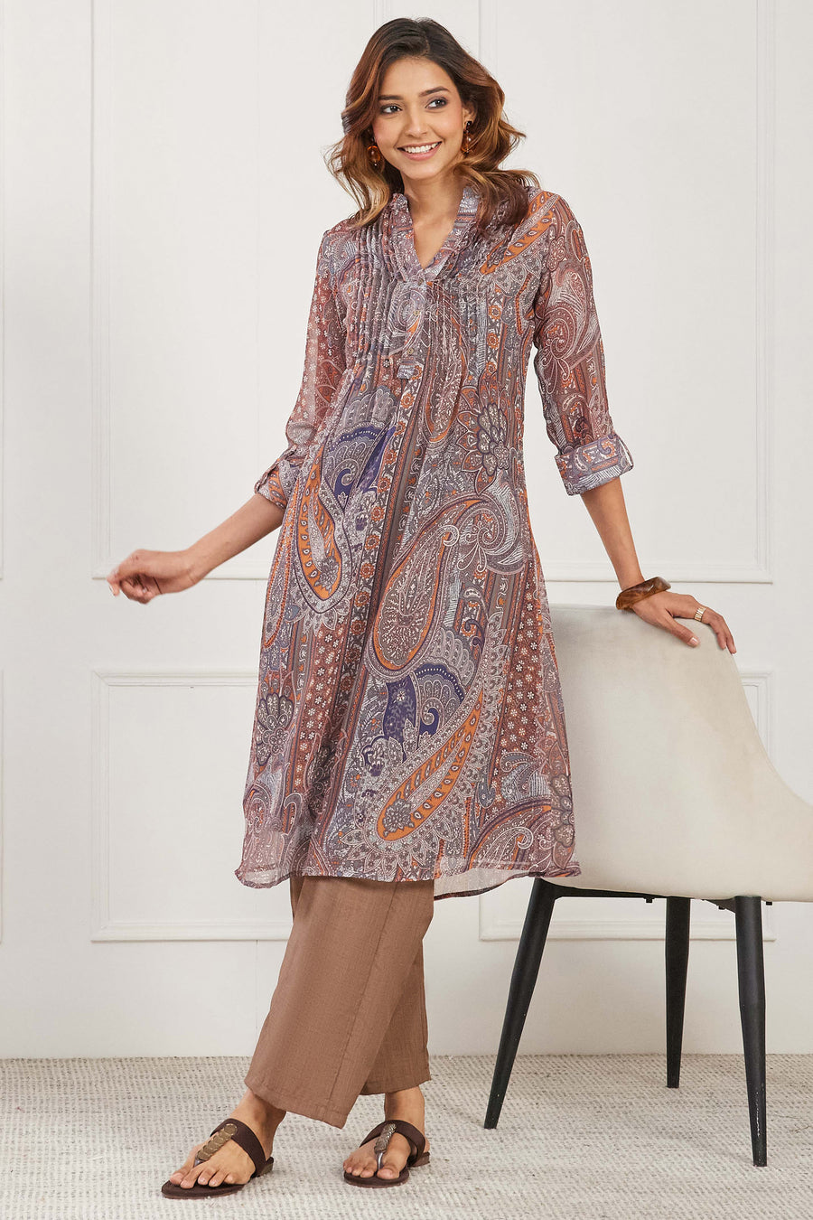 Brown Paisley Printed Straight Kurta