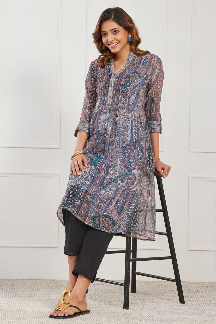 Turquoise Paisley Printed Straight Kurta