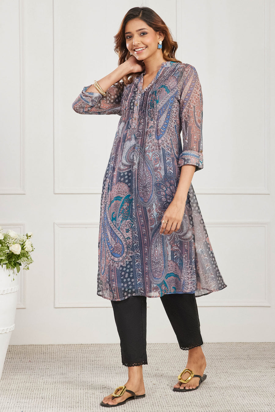 Turquoise Paisley Printed Straight Kurta - image 3