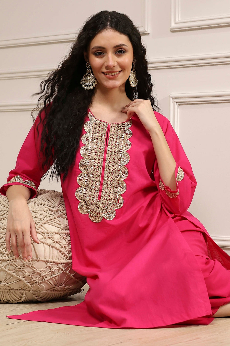 Fuchsia Cotton Solid Straight Kurta