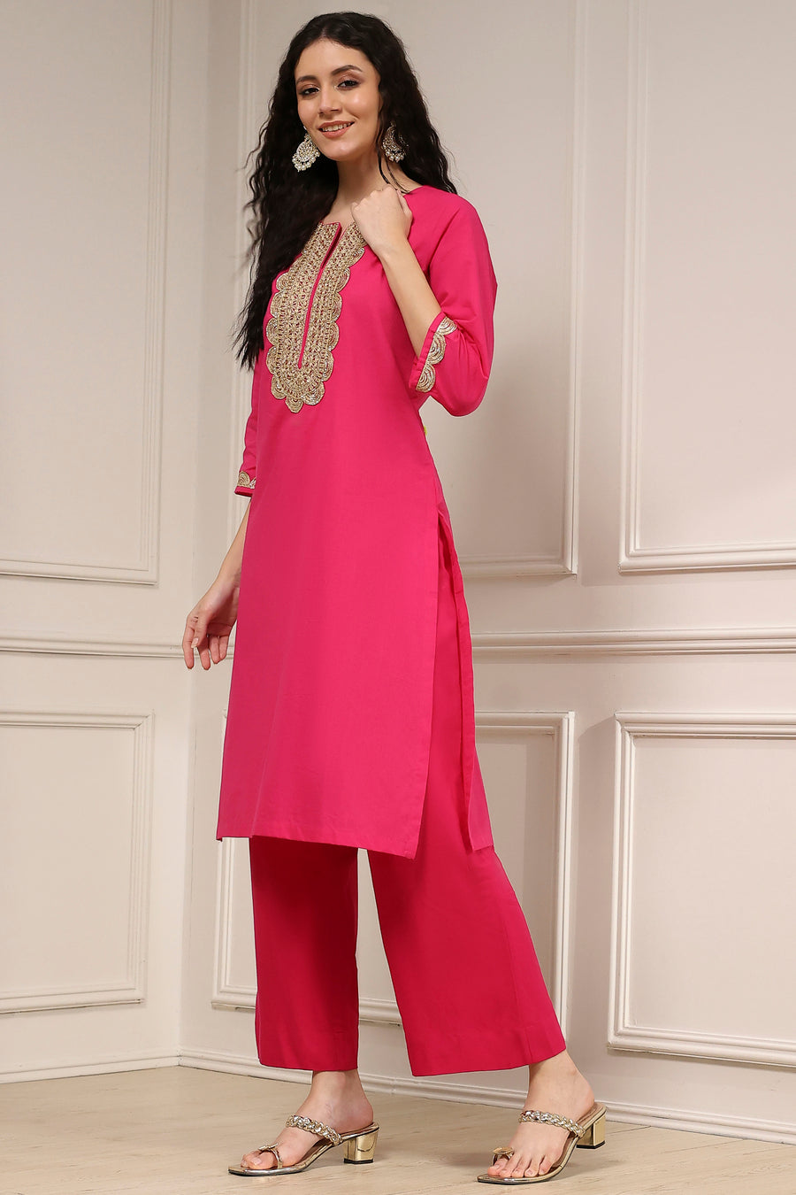 Fuchsia Cotton Solid Straight Kurta - image 4
