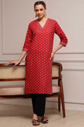 Red Cotton Printed Straight Kurta
