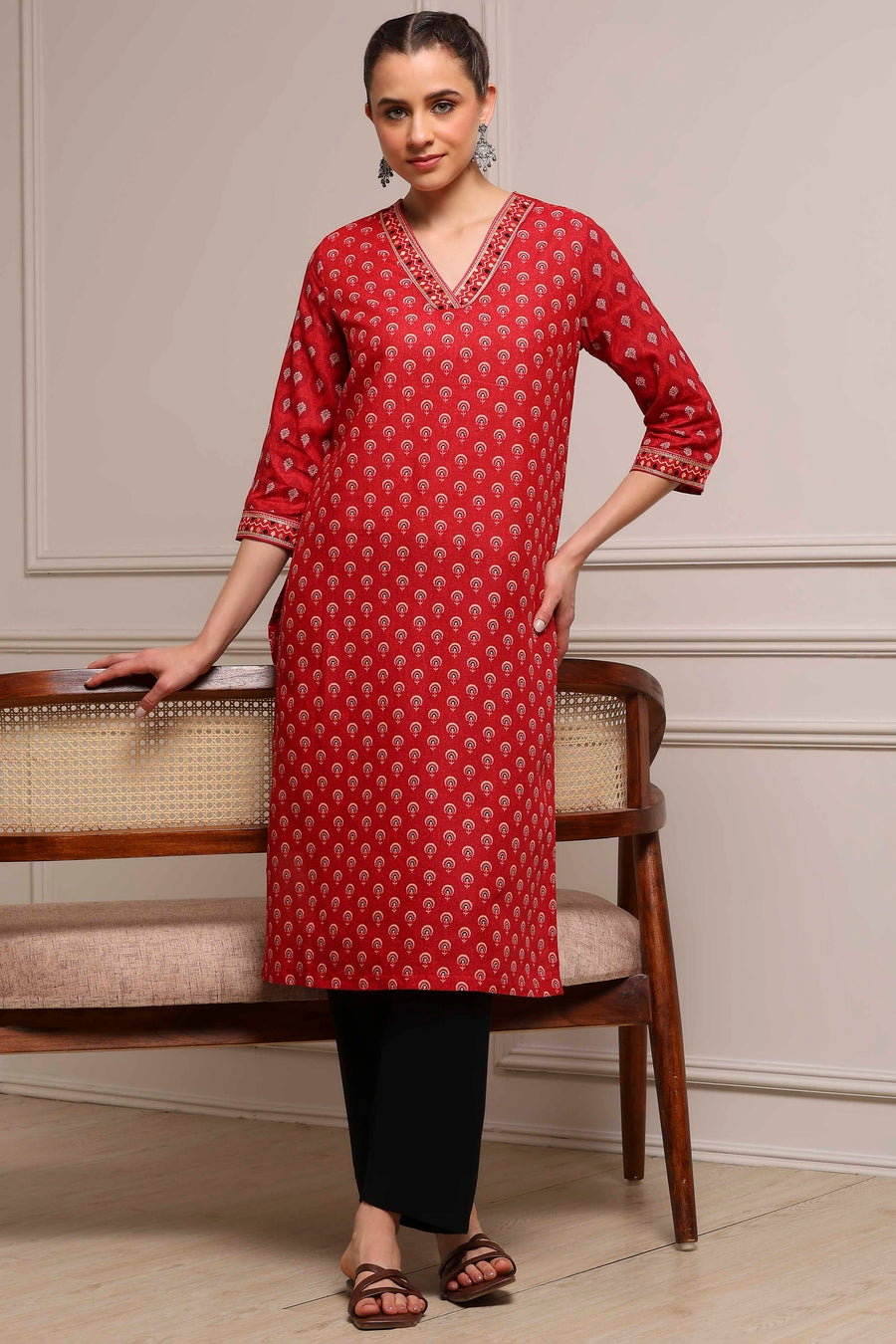 Red Cotton Printed Straight Kurta