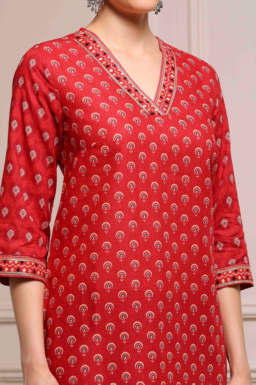 Red Cotton Printed Straight Kurta - image 2