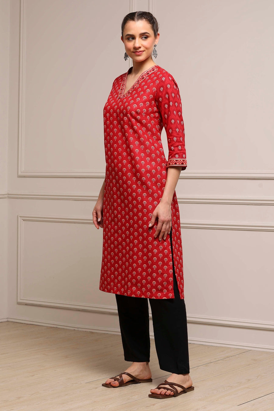 Red Cotton Printed Straight Kurta - image 3