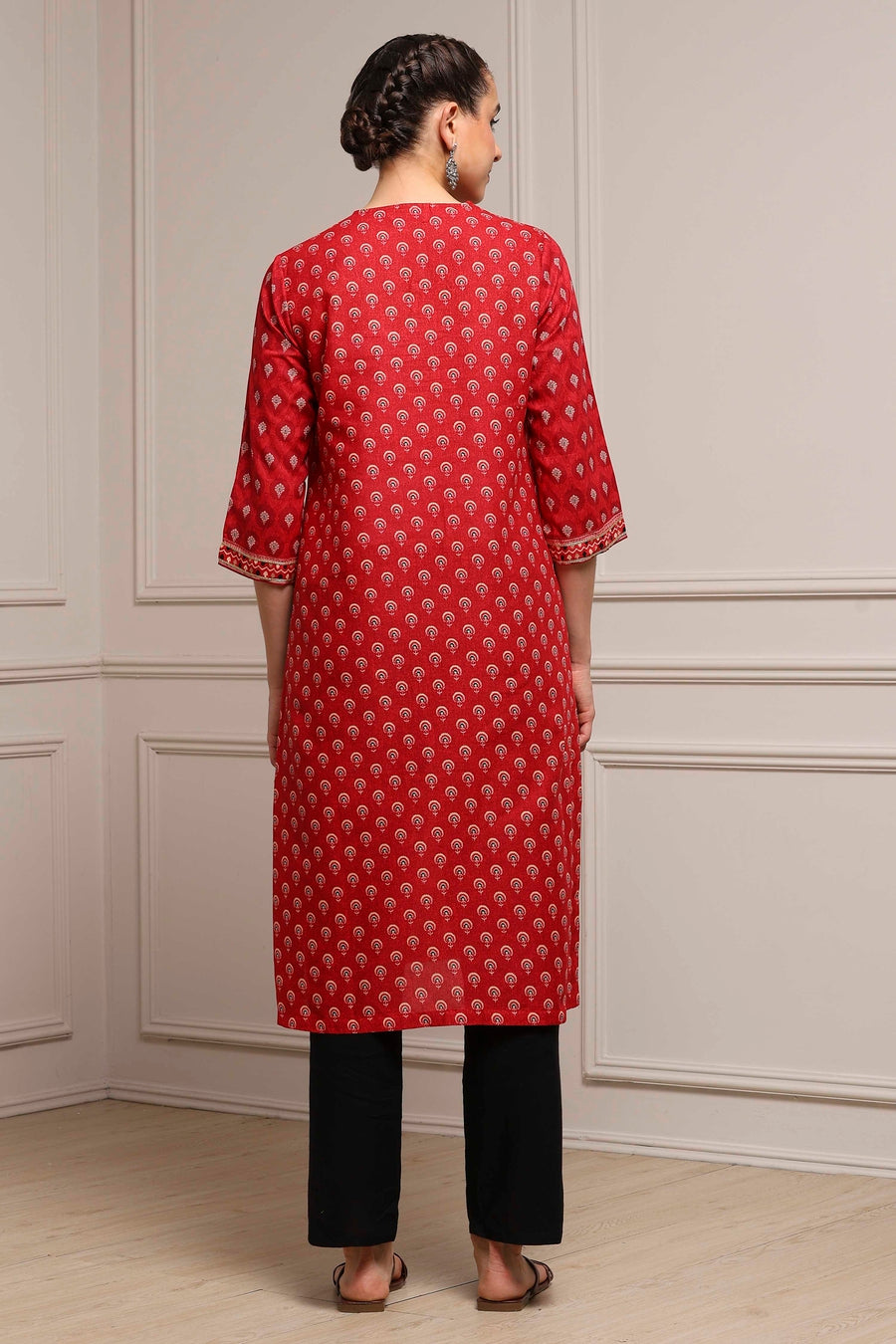 Red Cotton Printed Straight Kurta - image 4