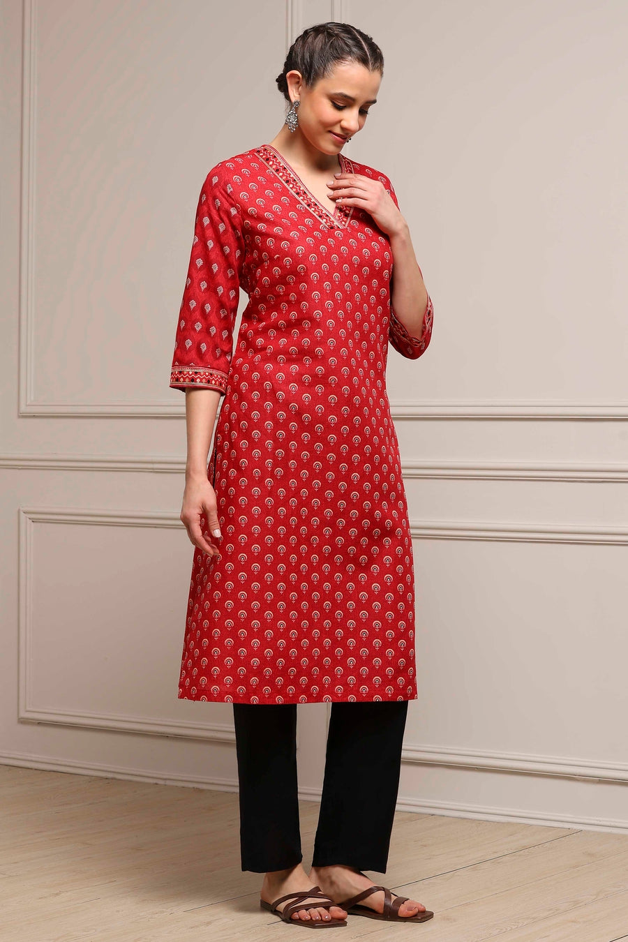 Red Cotton Printed Straight Kurta - image 5