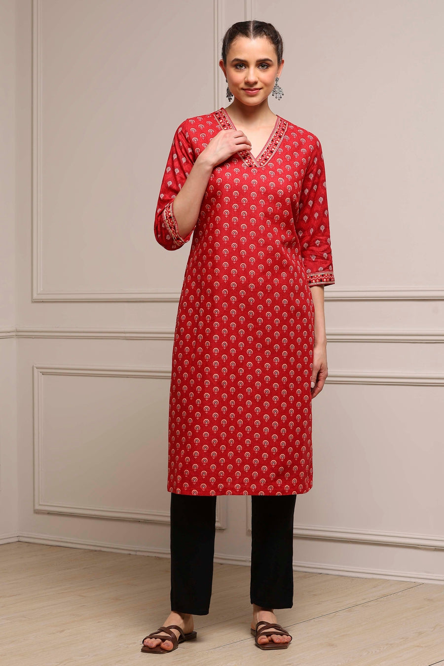 Red Cotton Printed Straight Kurta - image 6