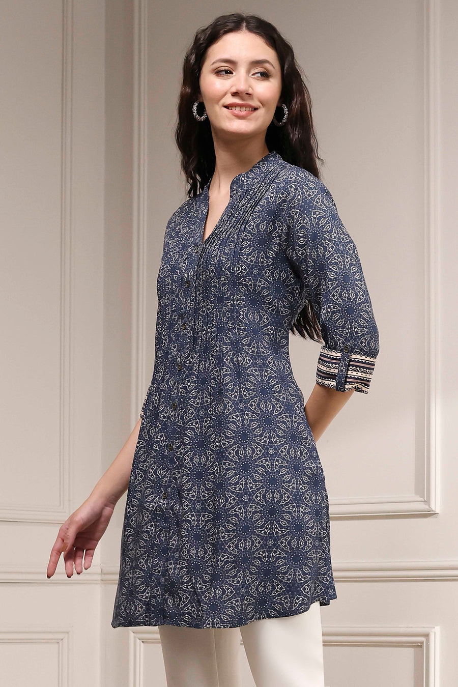 Blue Printed Relaxed Fit Short Kurta - image 3