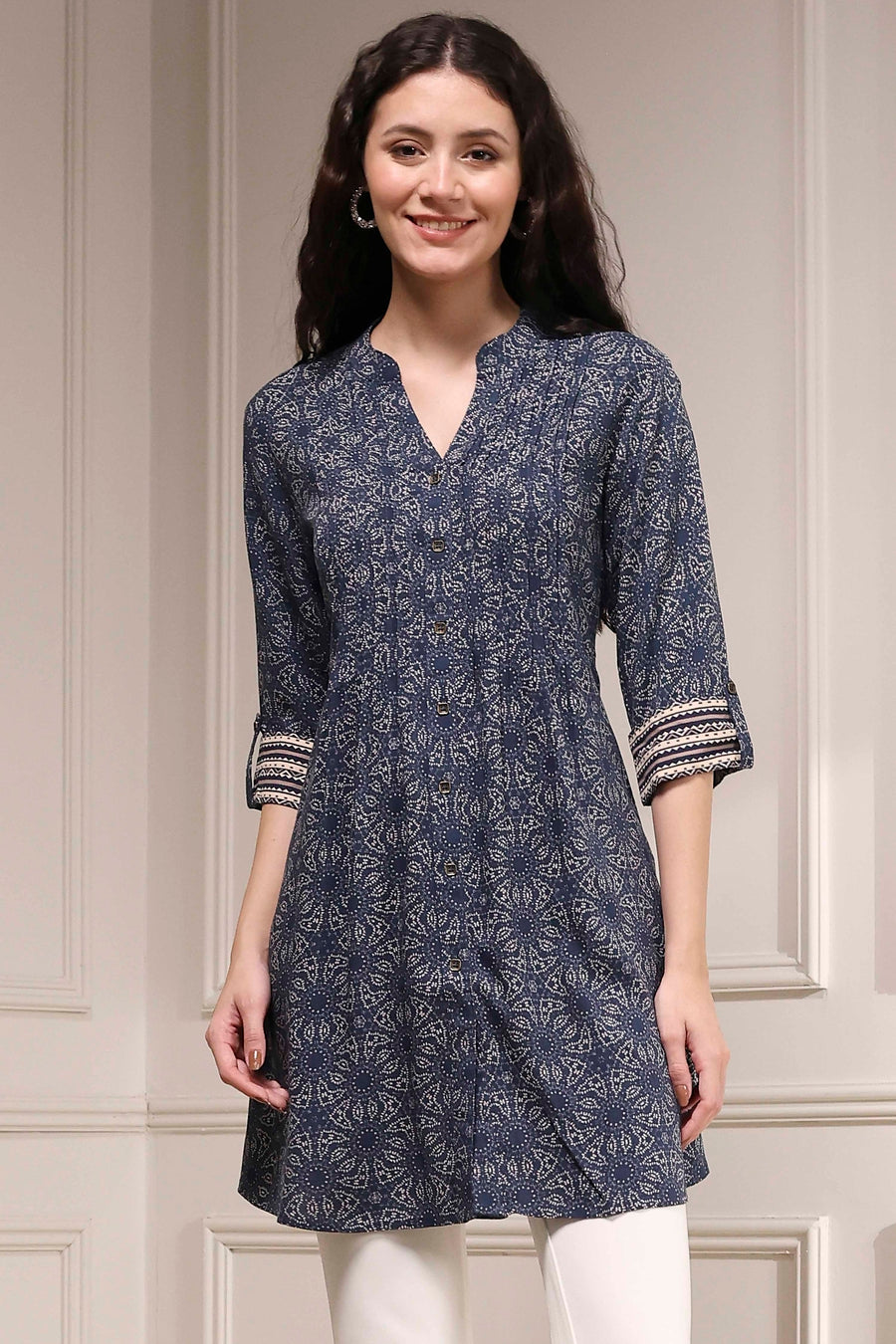 Blue Printed Relaxed Fit Short Kurta - image 6