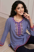 Blue Art Silk Printed Straight Short Kurta