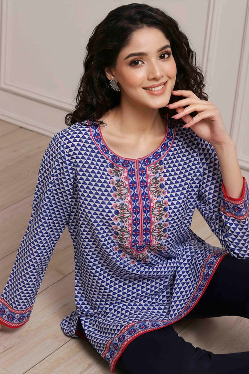 Blue Art Silk Printed Straight Short Kurta