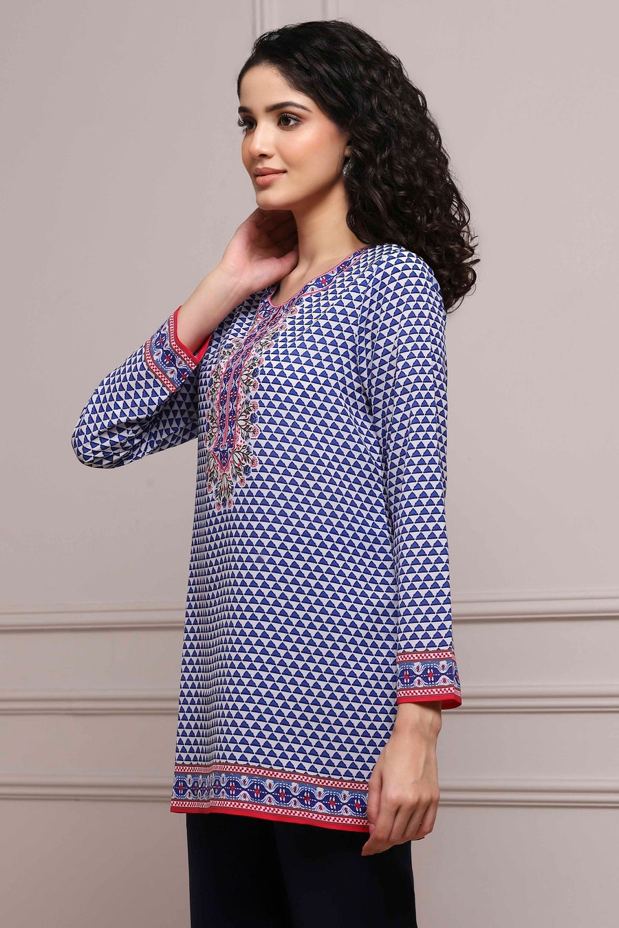 Blue Art Silk Printed Straight Short Kurta - image 3
