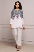 Black and White Art Silk Printed Straight Short Kurta