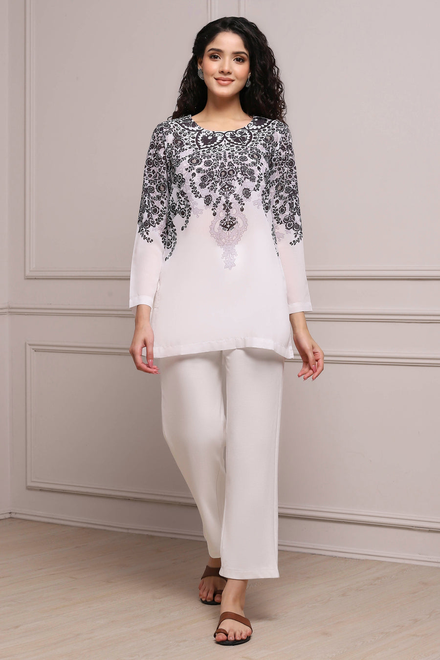 Black and White Art Silk Printed Straight Short Kurta