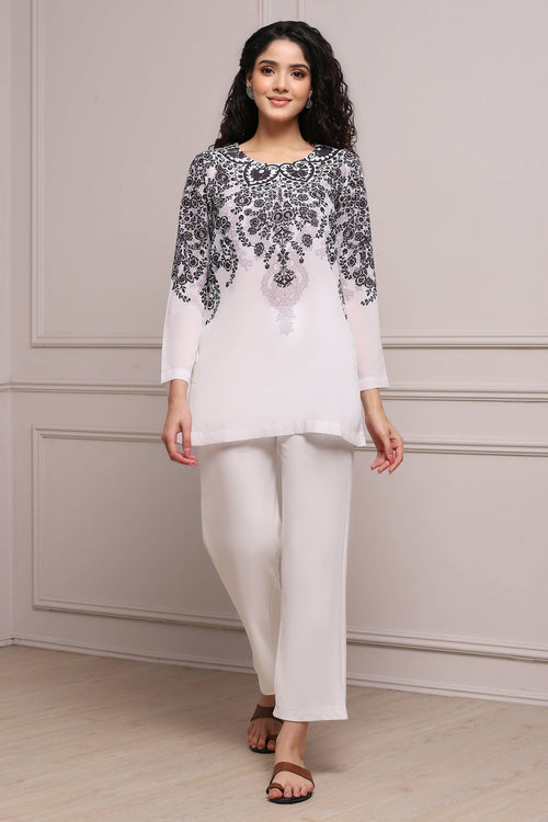Black and White Art Silk Printed Straight Short Kurta