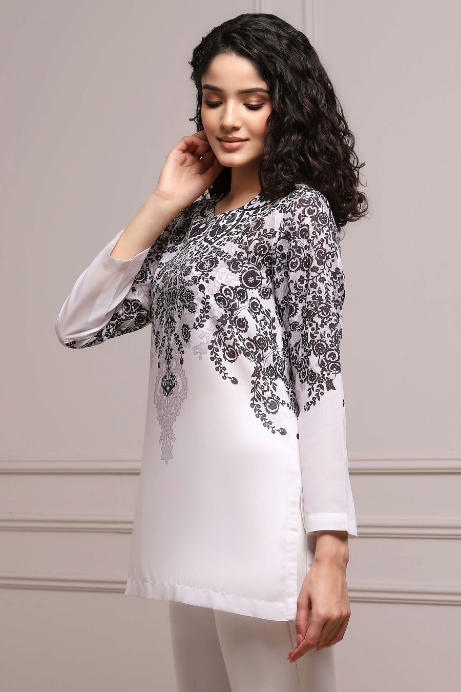 Black and White Art Silk Printed Straight Short Kurta - image 3