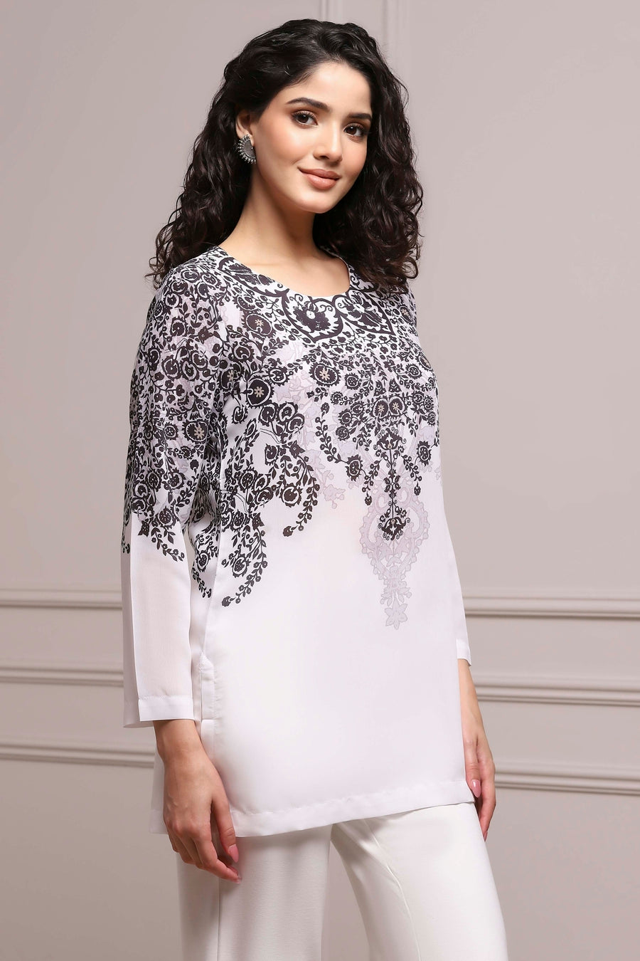 Black and White Art Silk Printed Straight Short Kurta - image 5