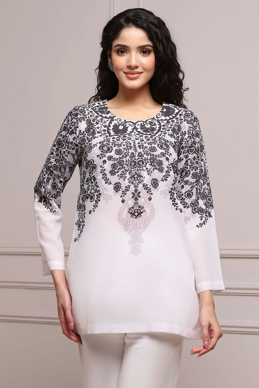 Black and White Art Silk Printed Straight Short Kurta - image 6