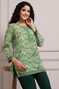 Green Art Silk Printed Straight Short Kurta