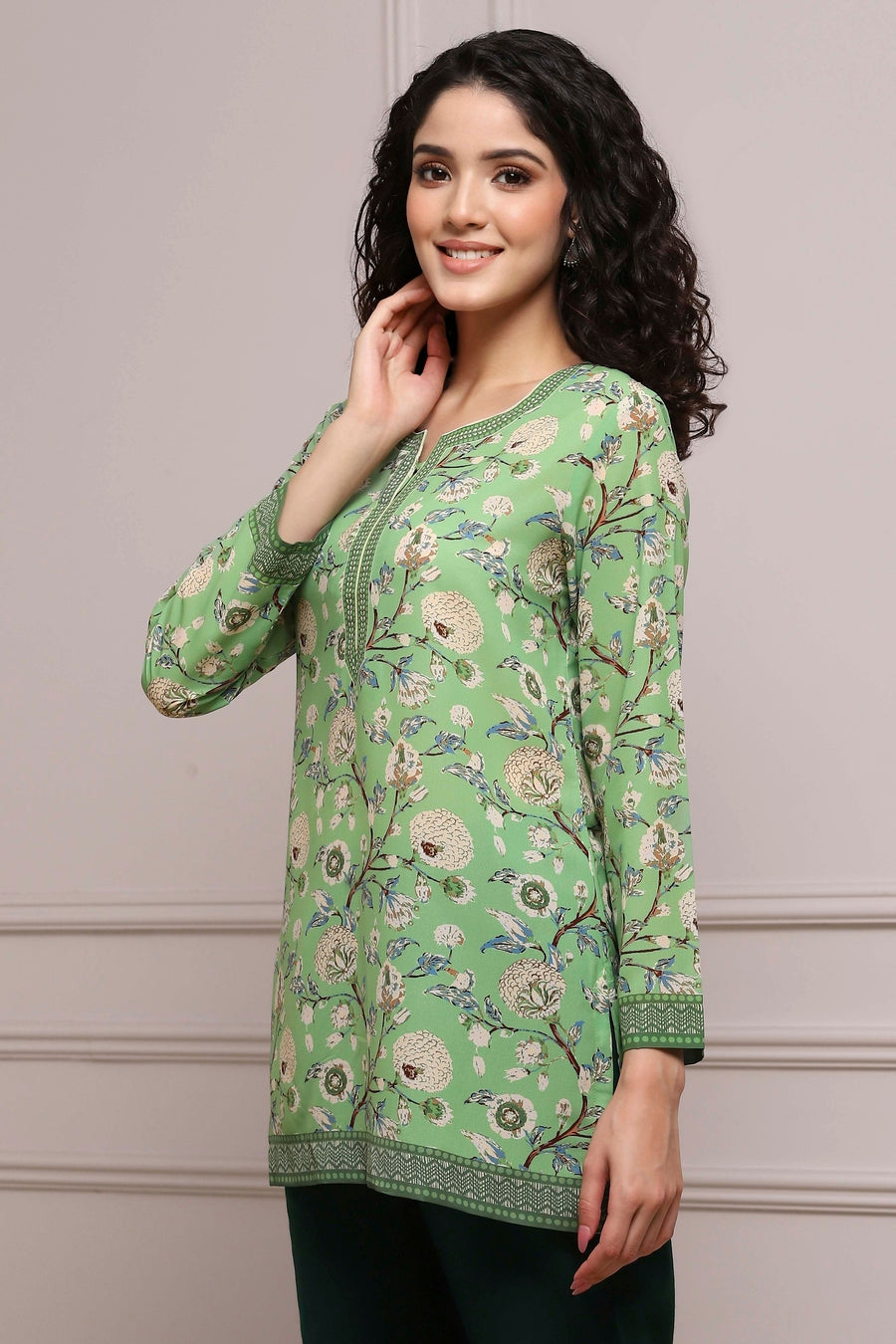 Green Art Silk Printed Straight Short Kurta - image 3
