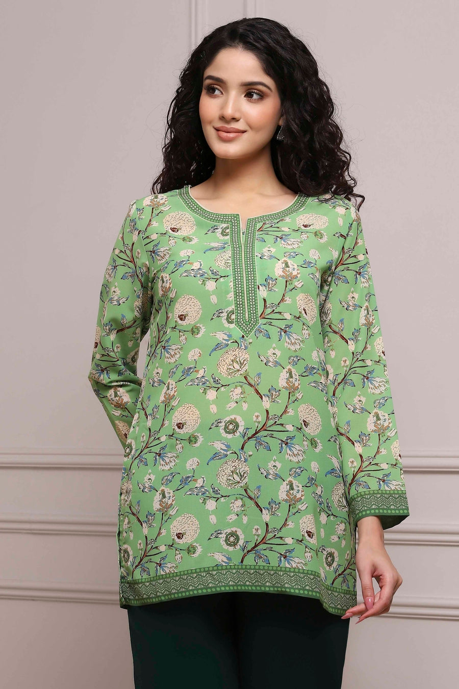 Green Art Silk Printed Straight Short Kurta - image 6