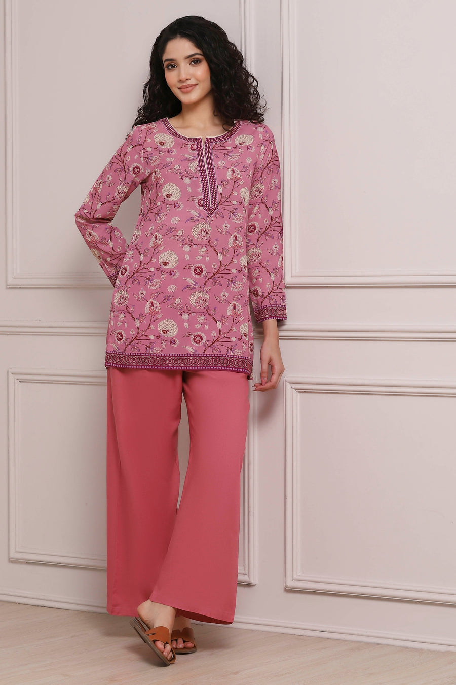 Pink Art Silk Printed Straight Short Kurta