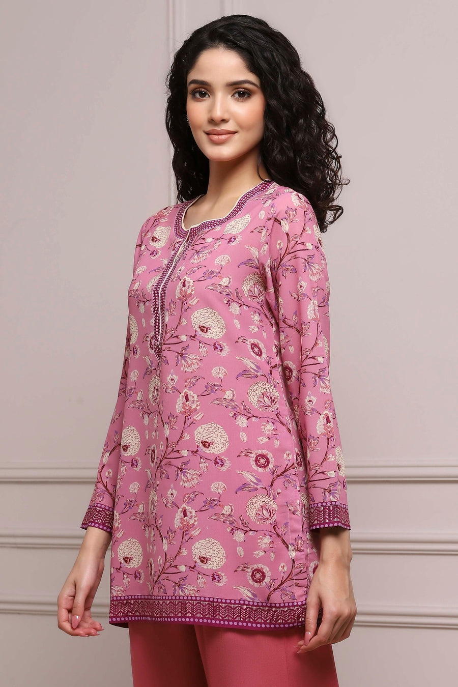 Pink Art Silk Printed Straight Short Kurta - image 3