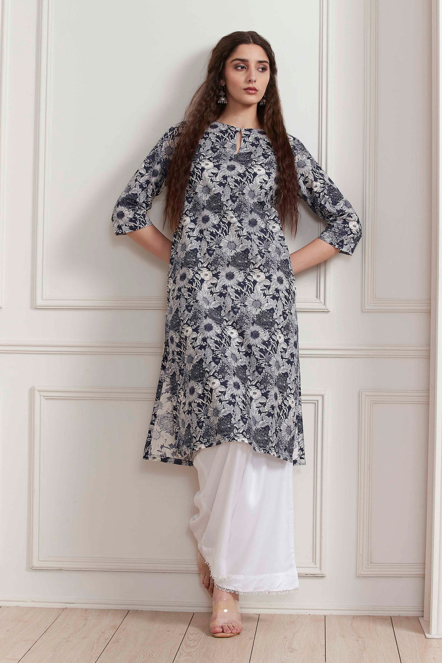 Blue Cotton Floral Printed Straight Kurta