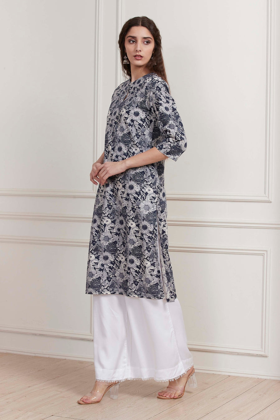 Blue Cotton Floral Printed Straight Kurta - image 3