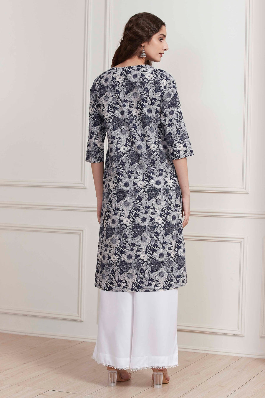 Blue Cotton Floral Printed Straight Kurta - image 4