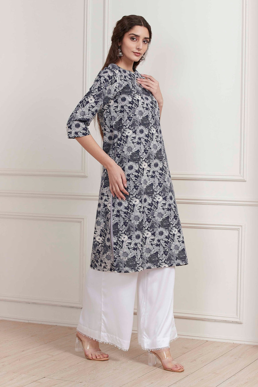 Blue Cotton Floral Printed Straight Kurta - image 5