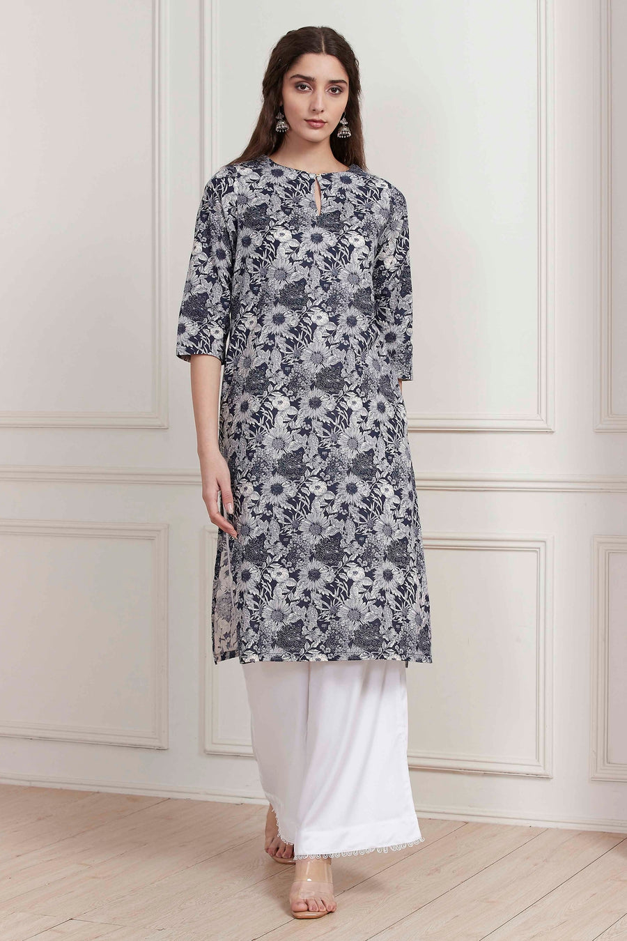 Blue Cotton Floral Printed Straight Kurta - image 6