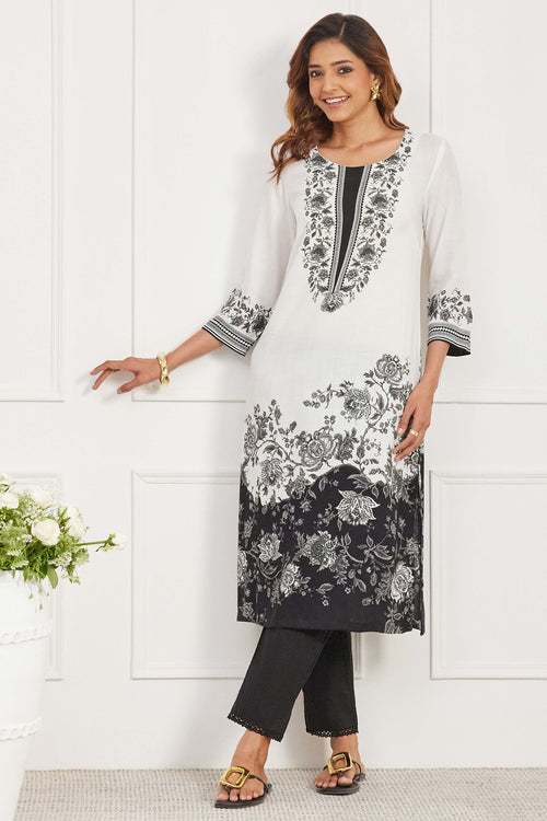 Black & White  Viscose Rayon Floral Straight Kurta