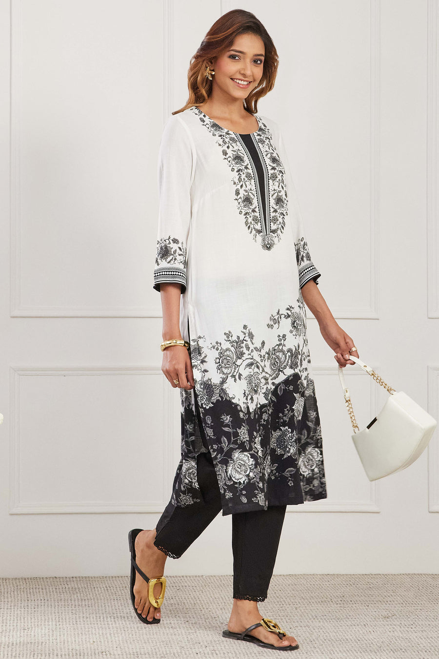 Black & White  Viscose Rayon Floral Straight Kurta - image 3