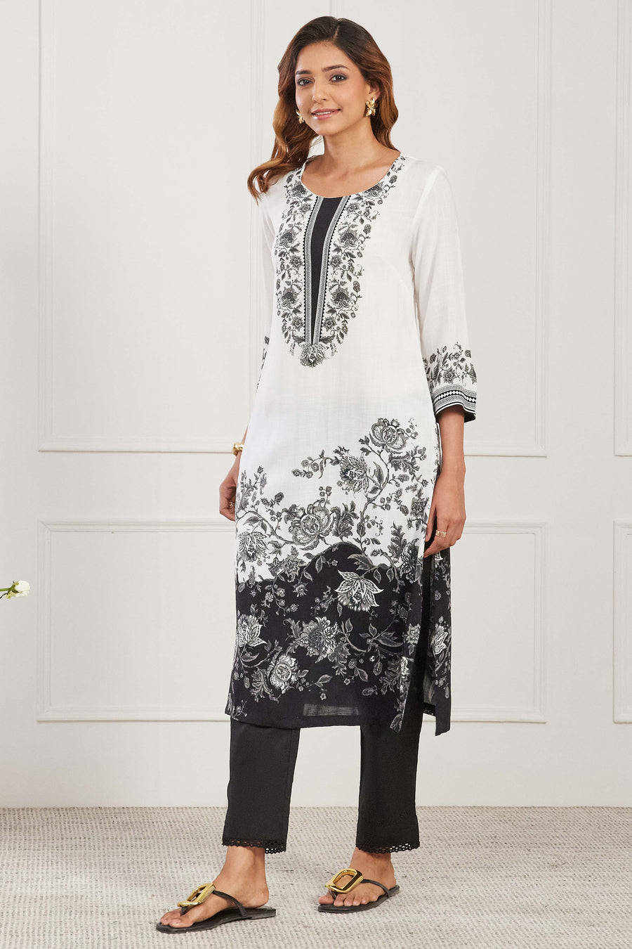 Black & White  Viscose Rayon Floral Straight Kurta - image 5