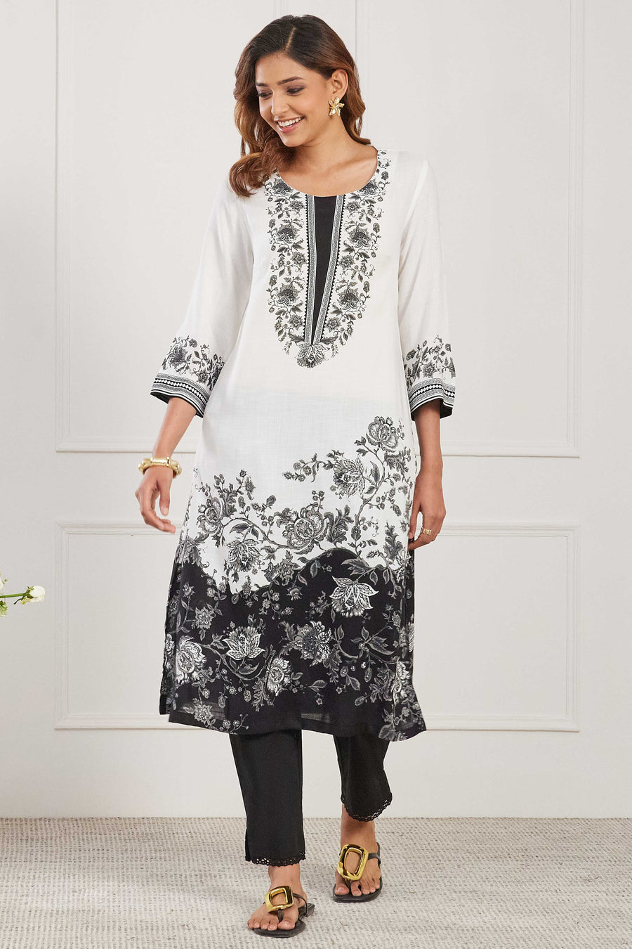 Black & White  Viscose Rayon Floral Straight Kurta - image 6