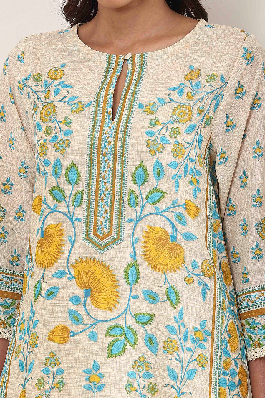 Off-White Cotton Printed Straight Kurta - image 2