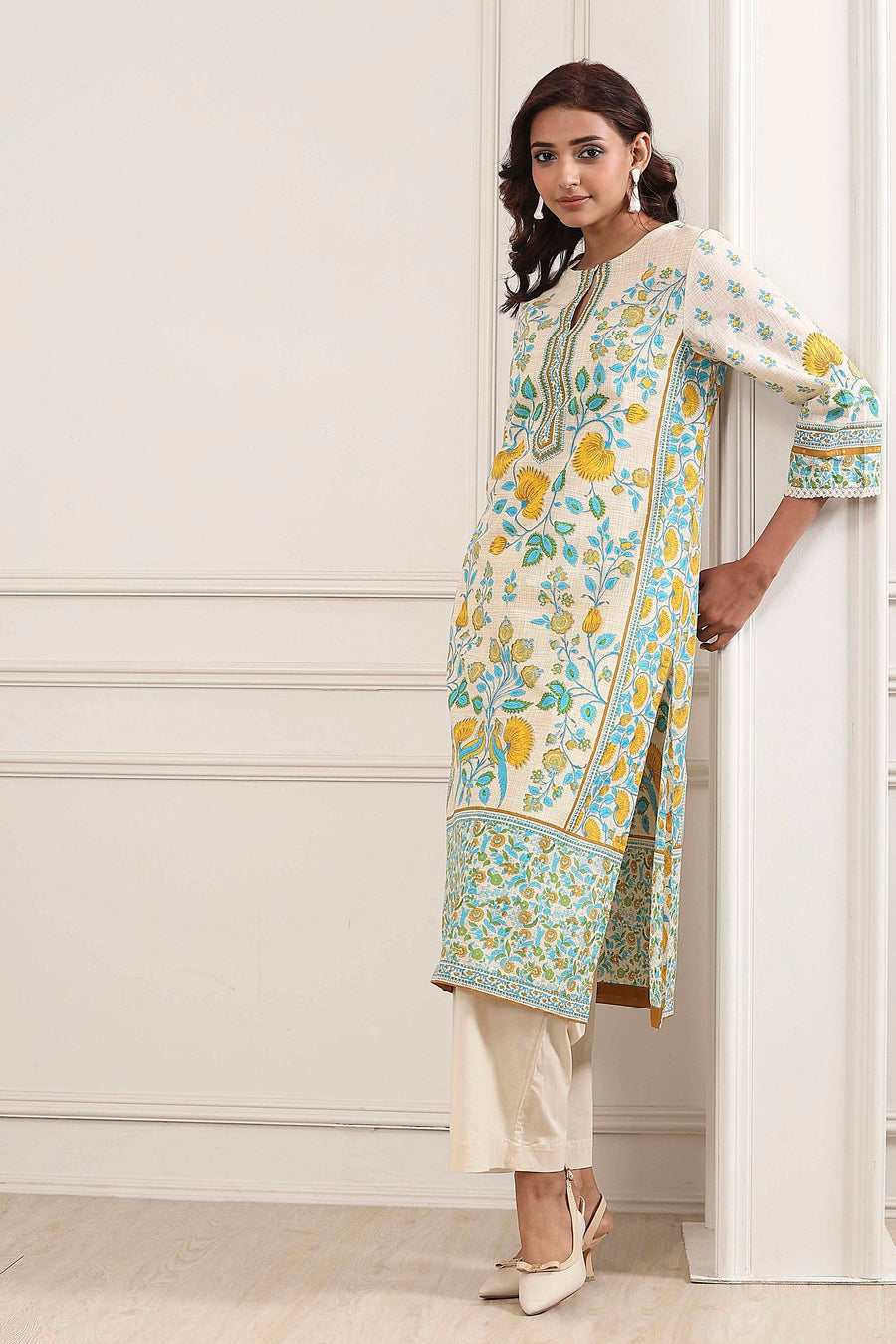 Off-White Cotton Printed Straight Kurta - image 3