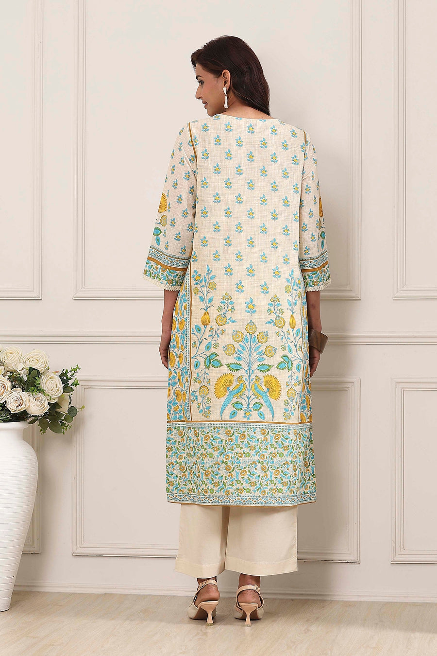 Off-White Cotton Printed Straight Kurta - image 4
