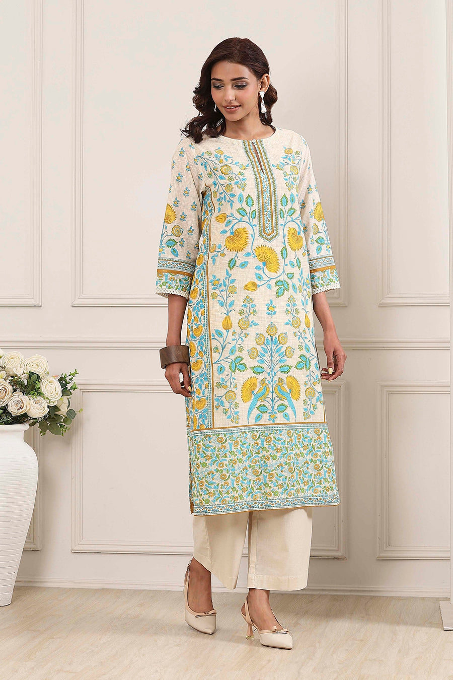Off-White Cotton Printed Straight Kurta - image 5