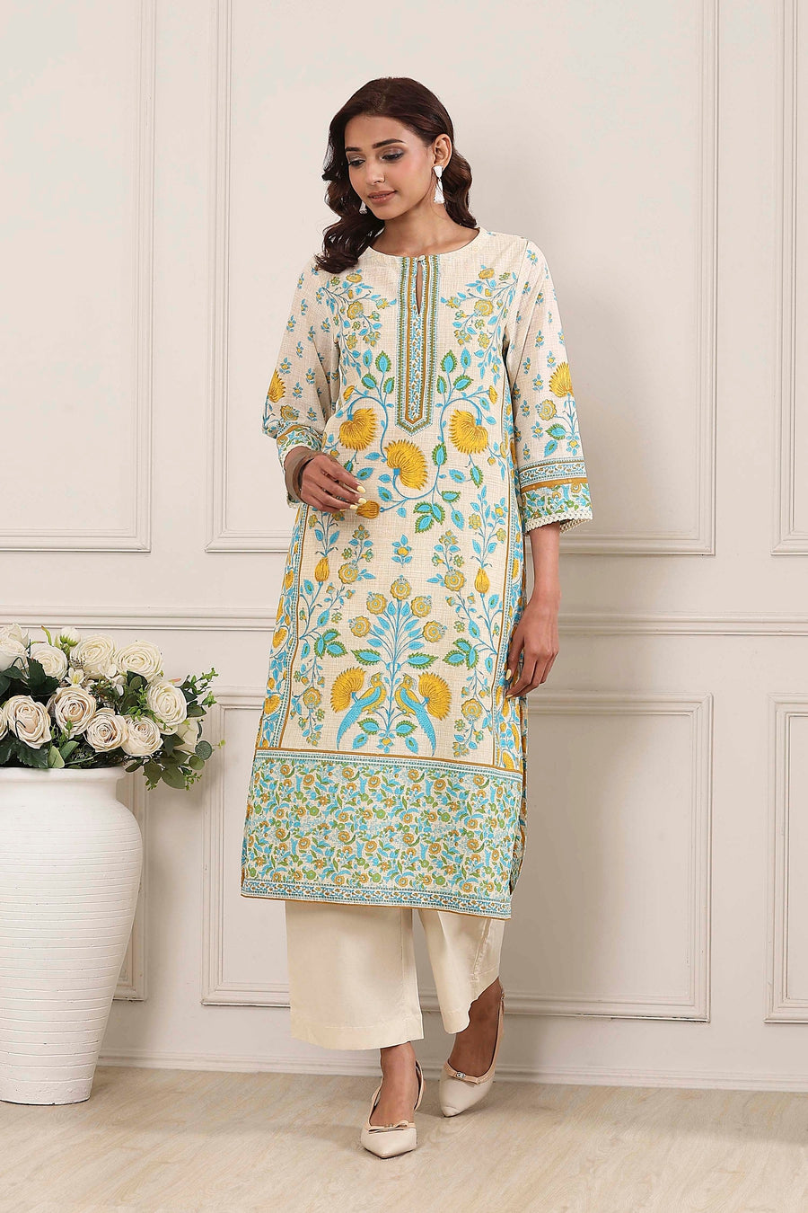 Off-White Cotton Printed Straight Kurta - image 6